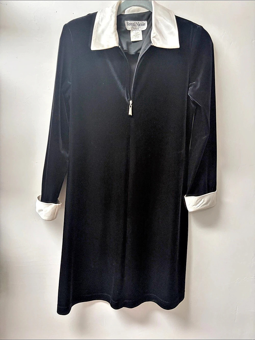 Ronni Nicole Vintage Black Velvet Dress with White Collar and Cuffs Mini Dress